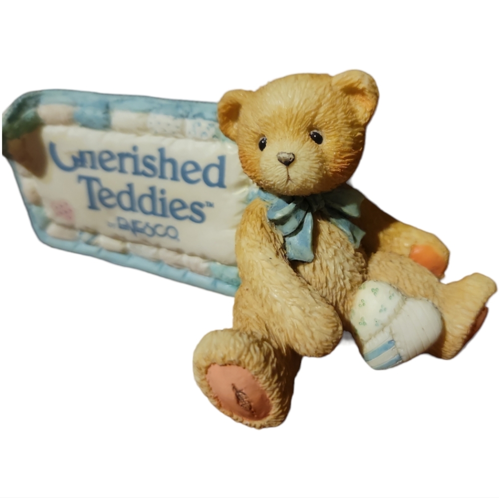 Vtg 91 Cherish Teddies Enesco Baby Blanket Bear Patch Quilt Heart Figurine